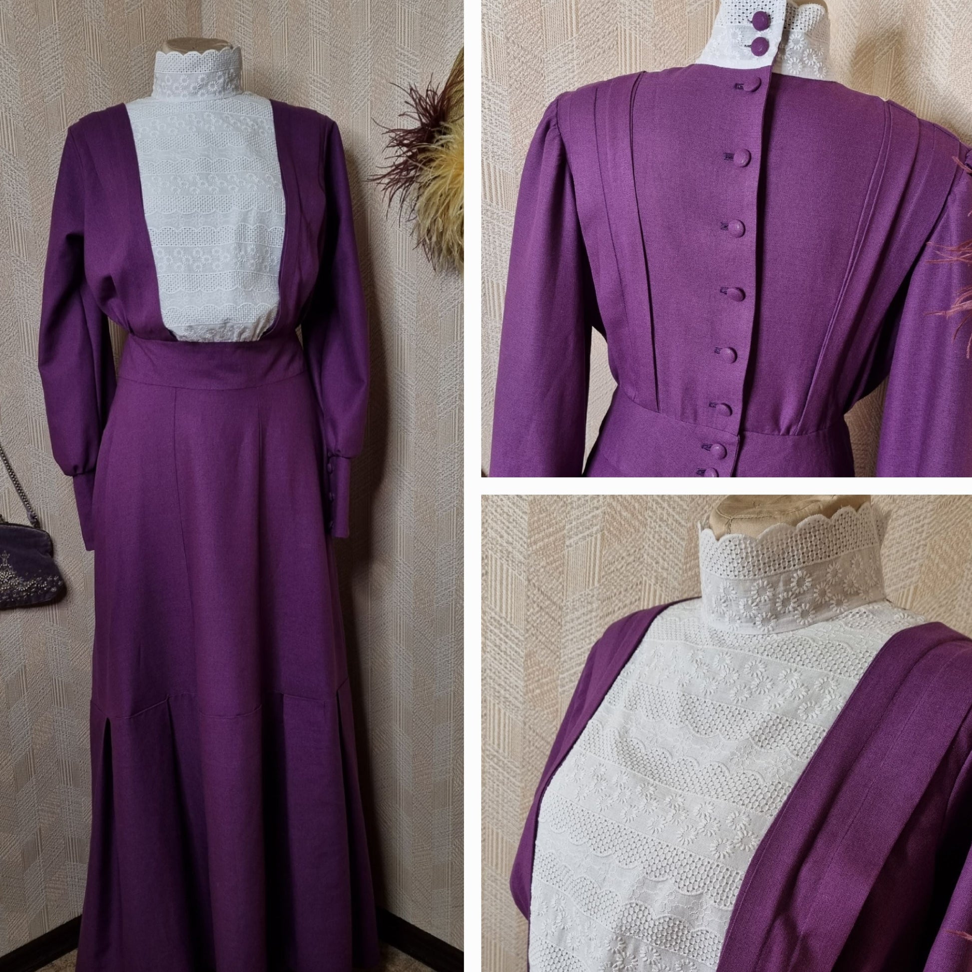 Violet edwardian victorian walking tea day linen dress. Handmade gibson girl suffragette natural sustainability linen dress with eyelet cotton embroidery element.