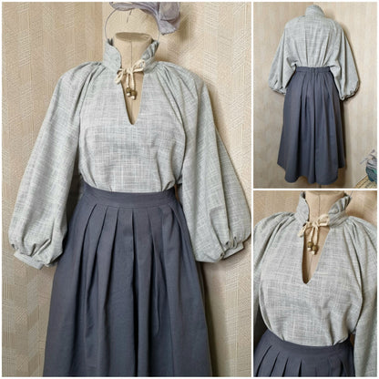 Edwardian victorian secret pants dark grey linen skirt-trousers and blouse. Handmade edwardian gibson girl victorian suffragette 1900s set: light grey undyed linen blouse and skirt-trousers. Natural sustainability linen clothes.