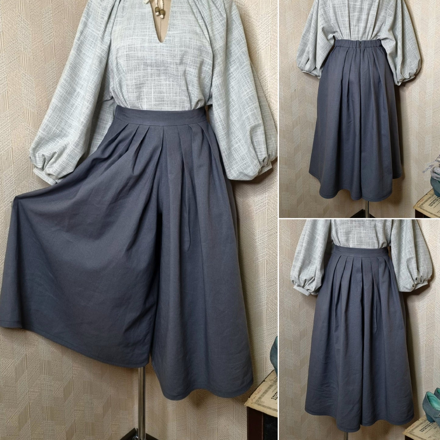 Edwardian victorian secret pants dark grey linen skirt-trousers and blouse. Handmade edwardian gibson girl victorian suffragette 1900s set: light grey undyed linen blouse and skirt-trousers. Natural sustainability linen clothes.