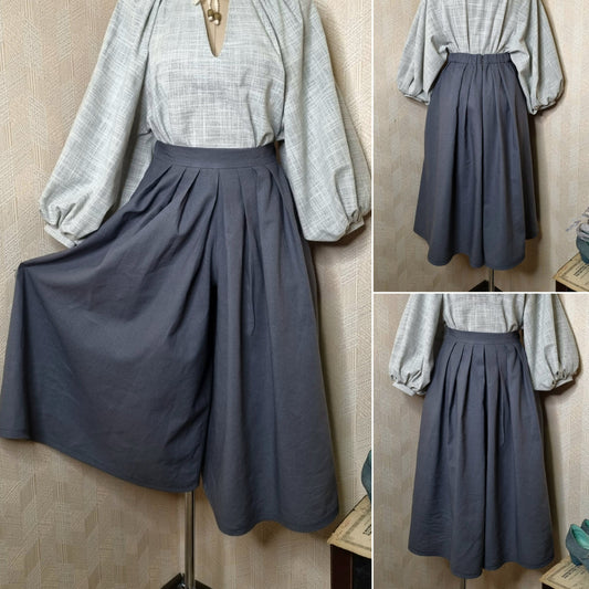 Edwardian victorian secret pants dark grey linen skirt-trousers and blouse. Handmade edwardian gibson girl victorian suffragette 1900s set: light grey undyed linen blouse and skirt-trousers. Natural sustainability linen clothes.