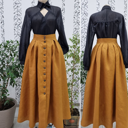 Handmade whimsigoth witch goth vampire set. Mustard classic retro style linen skirt wuth wood buttons in front and black linen vampire goth blouse.Natural sustainability linen clothes.