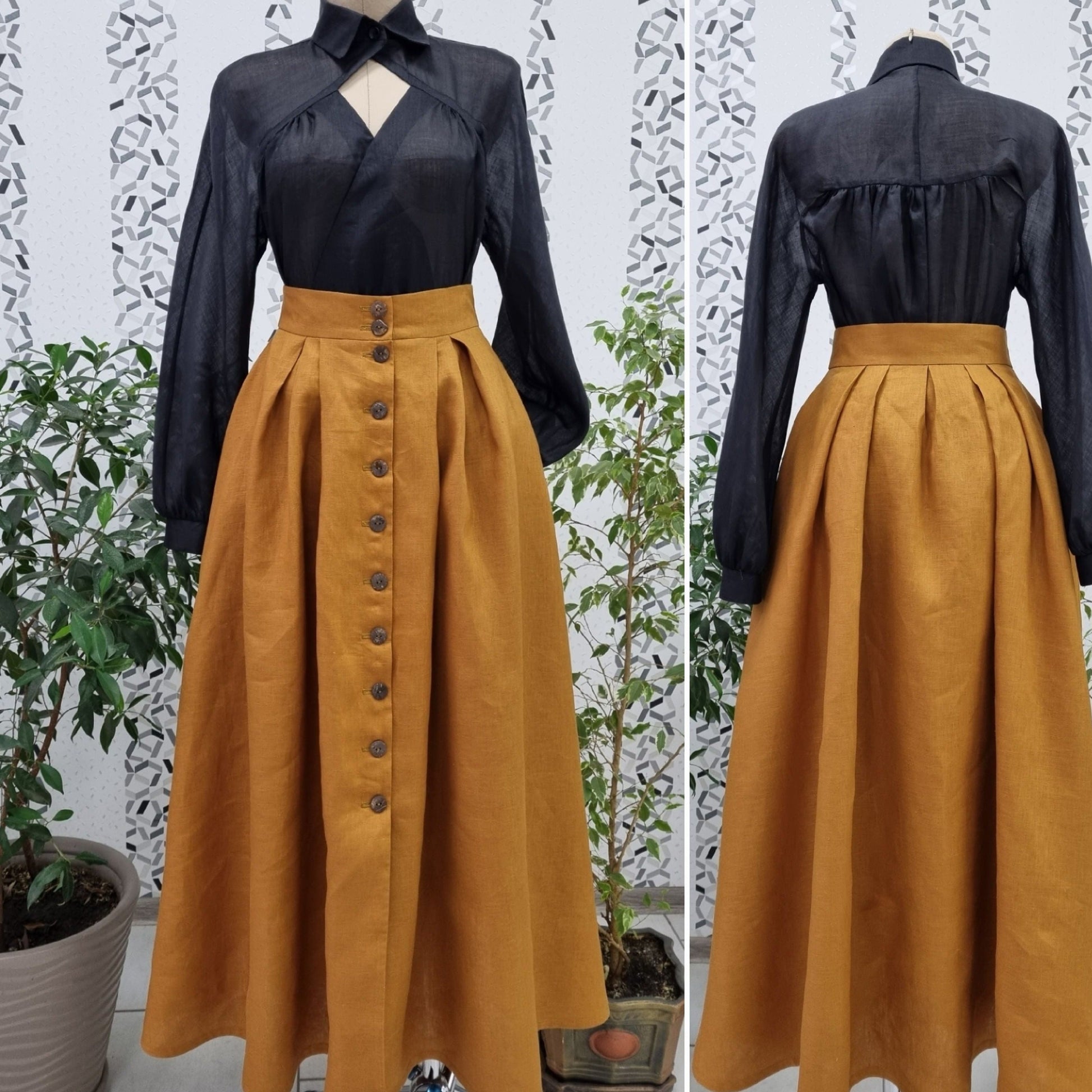 Handmade whimsigoth witch goth vampire set. Mustard classic retro style linen skirt wuth wood buttons in front and black linen vampire goth blouse.Natural sustainability linen clothes.