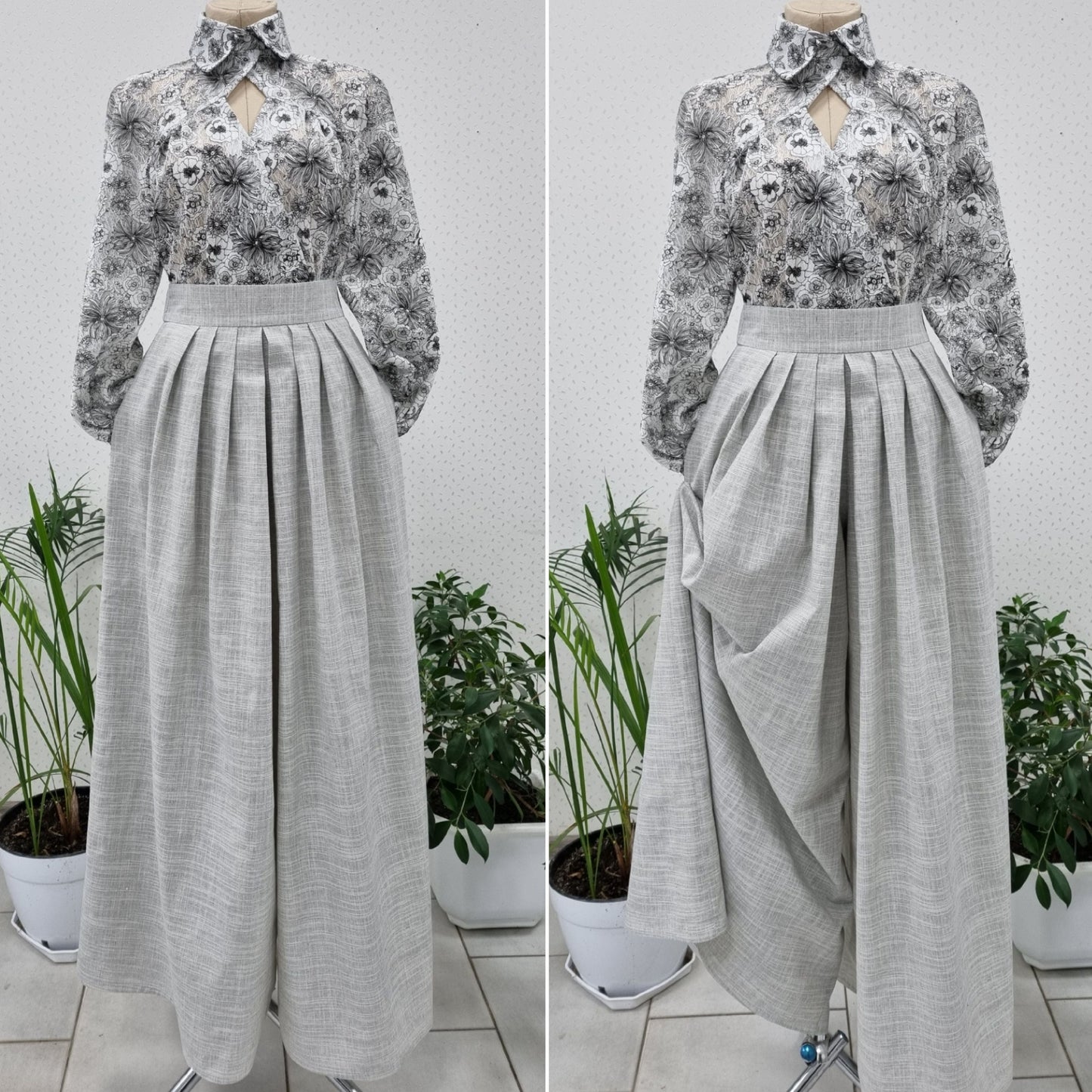 Edwardian victorian secret pants grey undyed linen skirt-trousers. Handmade edwardian gibson girl victorian suffragette 1900s natural sustainability linen clothes