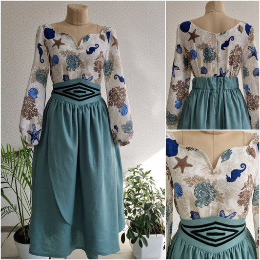 Aphrodite goddess muslin shell blouse, linen aqua skirt with velvet ribbon