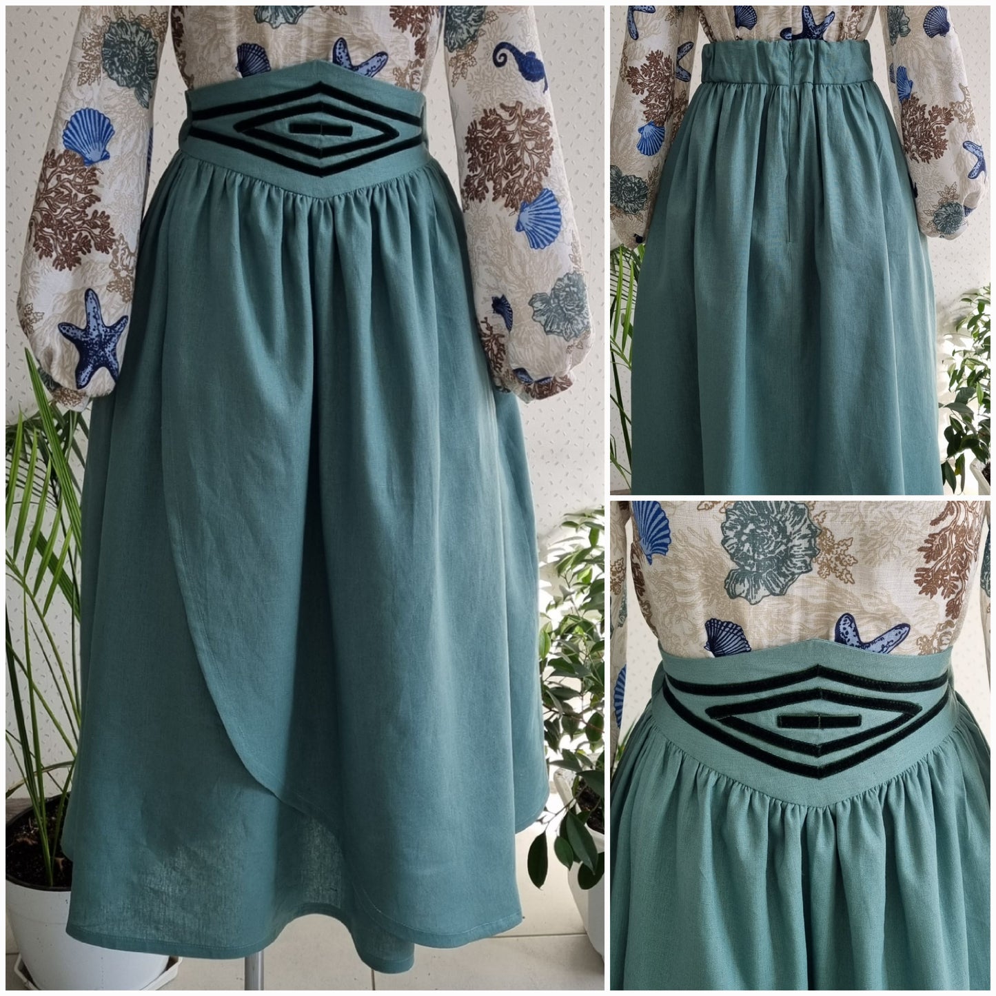 Aphrodite goddess muslin shell blouse, linen aqua skirt with velvet ribbon