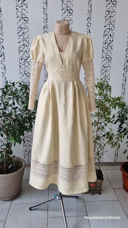 Victorian edwardian gibson girl eggshell elven princesscore linen dress. Handmade sustanable linen dress with lace