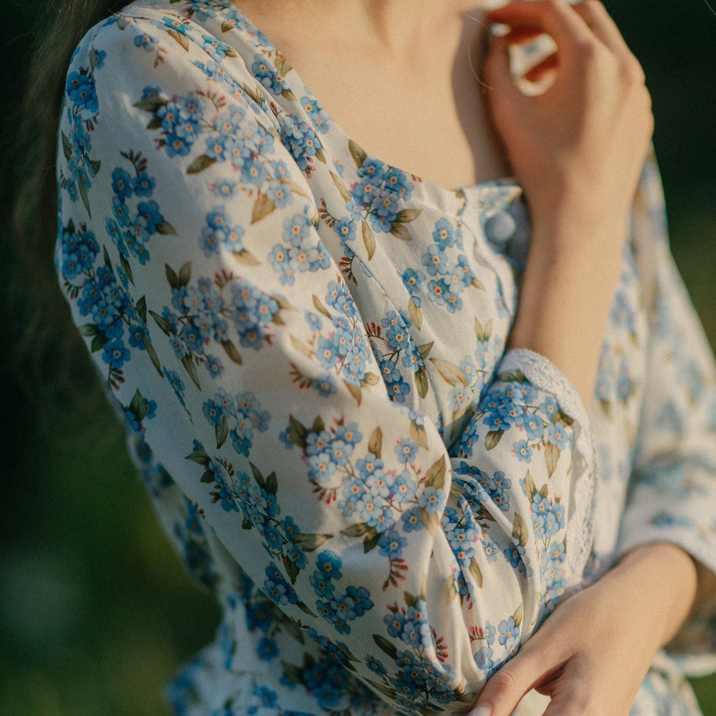 Forget-me-not cotton dress with lace. Handmade cottagecore cotton corset style dress with lace and V princess waist.