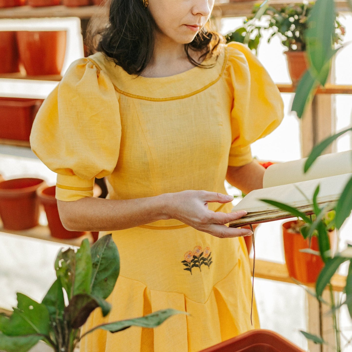 Huffle puff sleeves linen dress with embroidery. Handmade yellow dress with velvet ribbon, puff sleeves and pleated skirt.