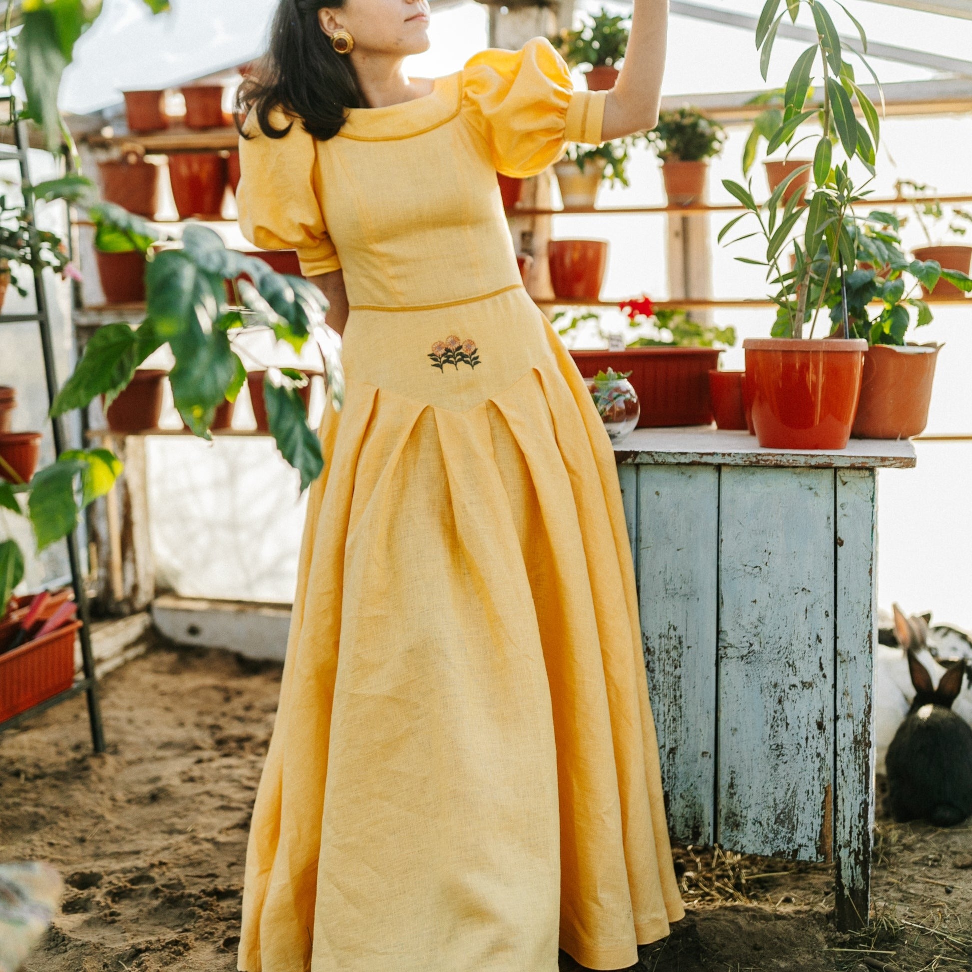 Huffle puff sleeves linen dress with embroidery. Handmade yellow dress with velvet ribbon, puff sleeves and pleated skirt.