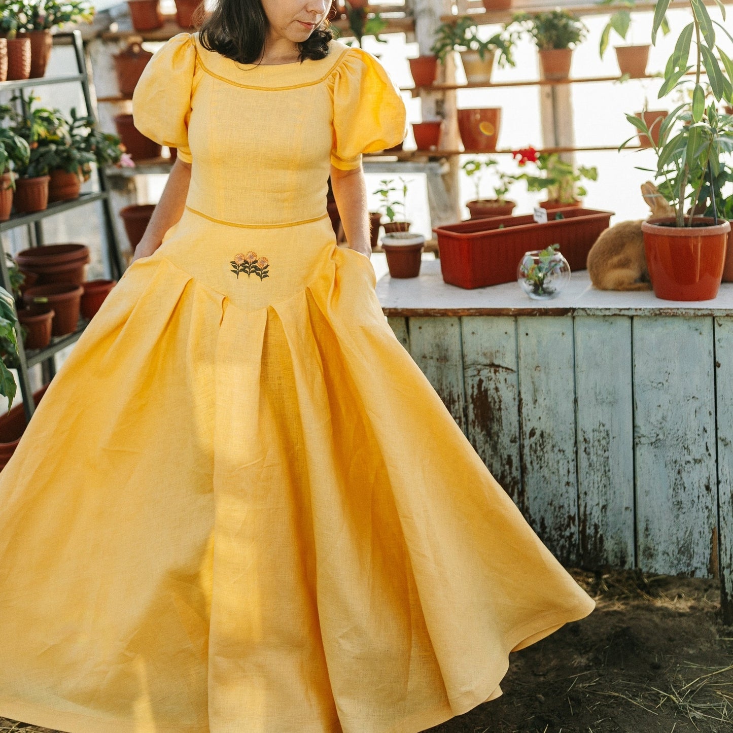 Huffle puff sleeves linen dress with embroidery. Handmade yellow dress with velvet ribbon, puff sleeves and pleated skirt.