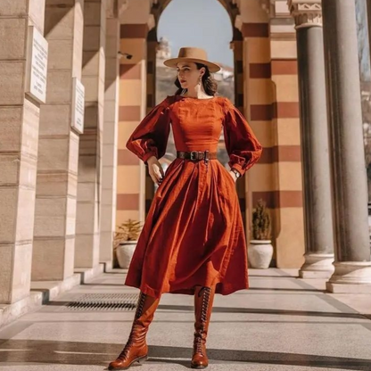 Terracotta rust linen Little women dress with puff sleeves. Handmade red Retro style linen dress with pleated skirt.