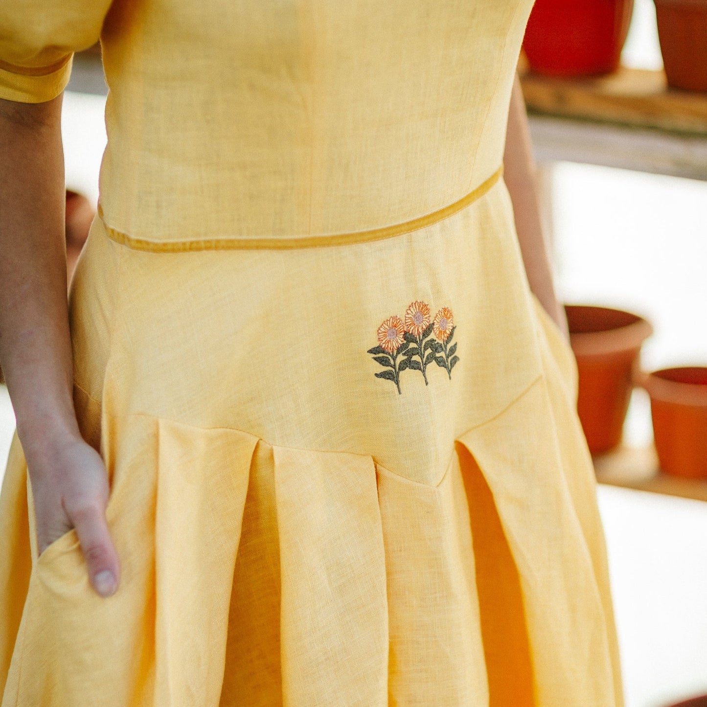 Huffle puff sleeves linen dress with embroidery. Handmade yellow dress with velvet ribbon, puff sleeves and pleated skirt.