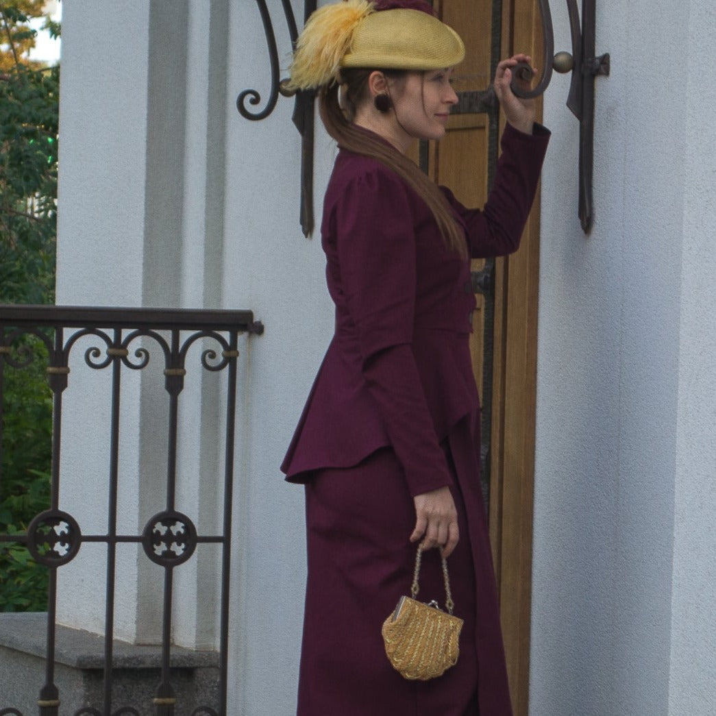 Plum victorian edwardian walking linen secret pants costume set. Handmade gibson girl suffragette 1900s linen set: skirt-trousers and amazons jacket with basque, wool vest and ivory linen blouse.