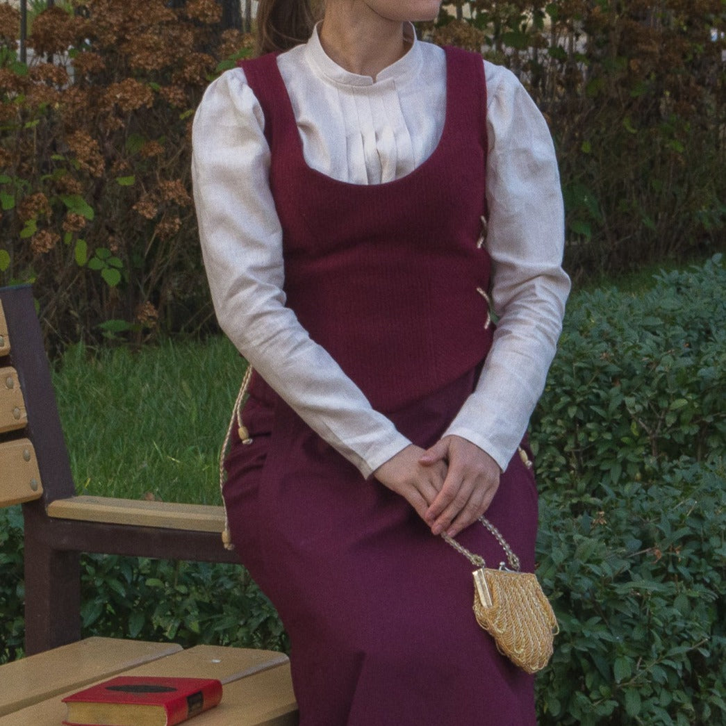 Plum victorian edwardian walking linen secret pants costume set. Handmade gibson girl suffragette 1900s linen set: skirt-trousers and amazons jacket with basque, wool vest and ivory linen blouse.