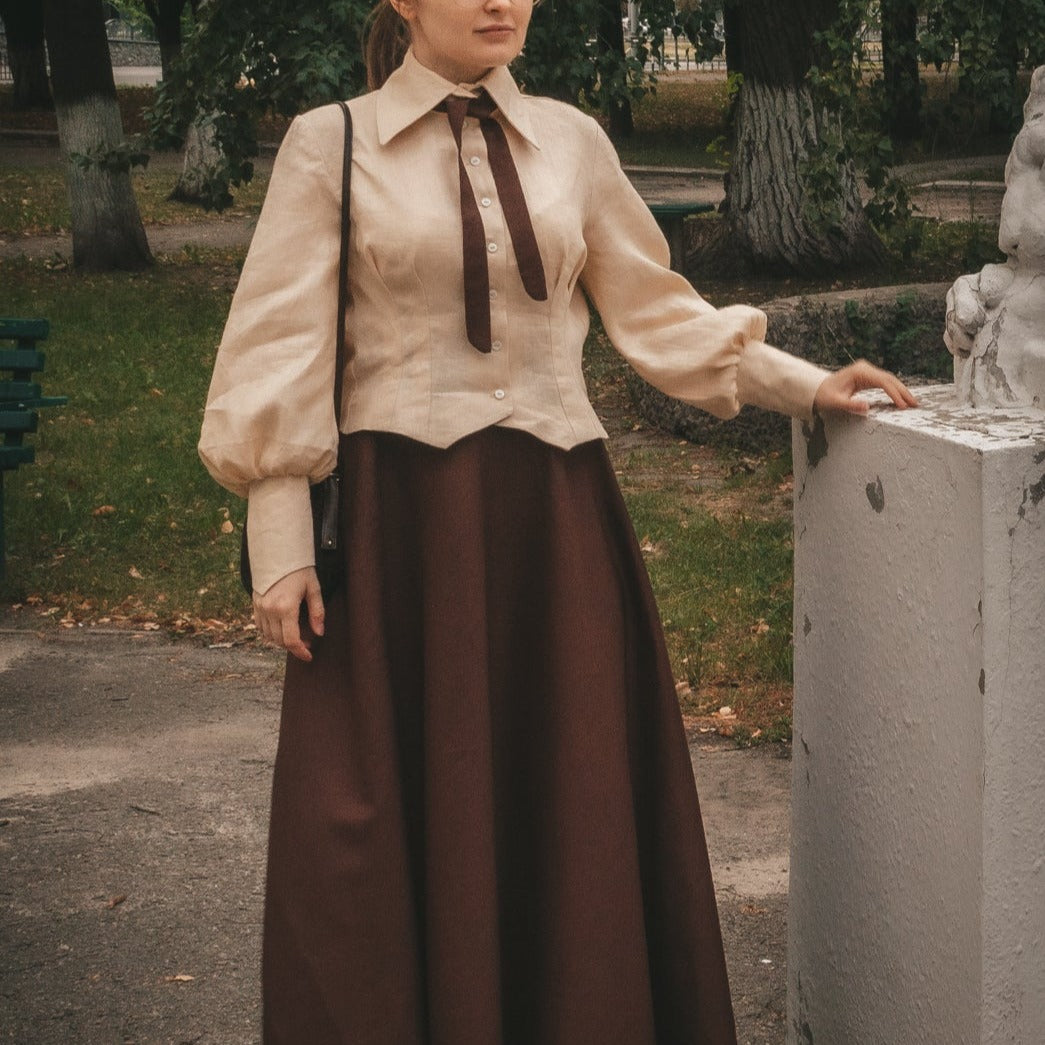 Evelyn O'connell library aestetic mummy brown beige linen costume set. Handmade librarian linen set, booktok victorian edwardian gibson girl suffragette 1900s walking linen brown skirt and eggshell blouse with bow and shell buttons