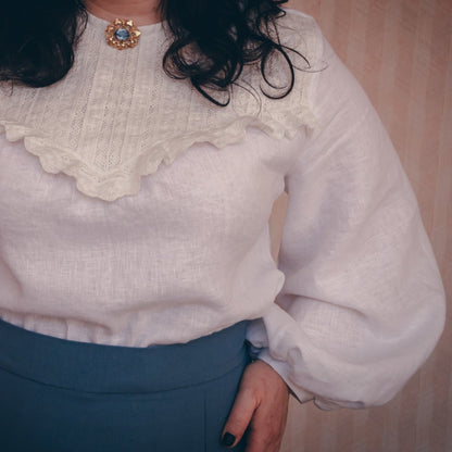 Edwardian victorian baby blue walking skirt and white linen blouse.Handmade gibson girl suffragette 1900s set, skirt with ruffles and blouse with lace. Natural sustainability linen clothes