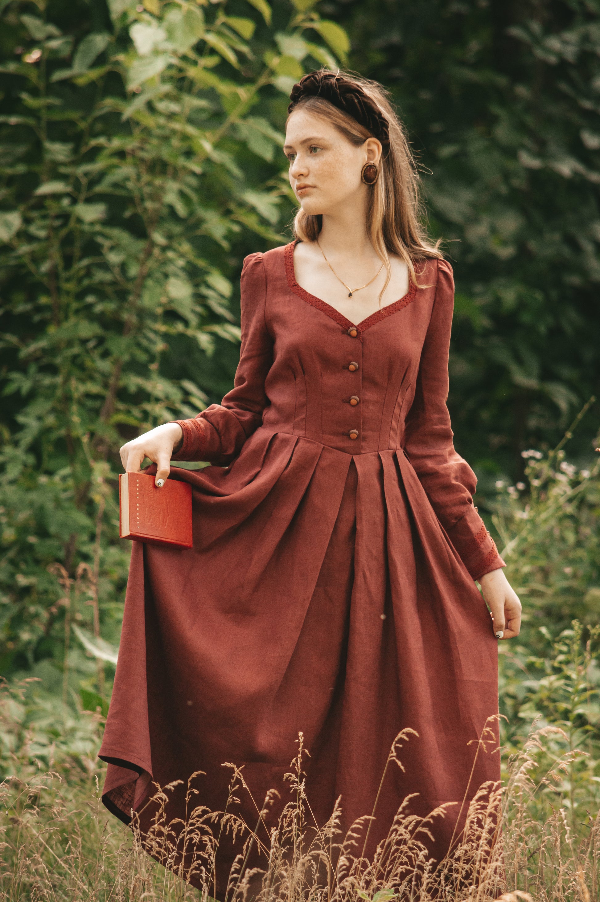 Acorn burgundy Rosie Cotton Shire corset princesscore linen dress – MayaHotenkoDress