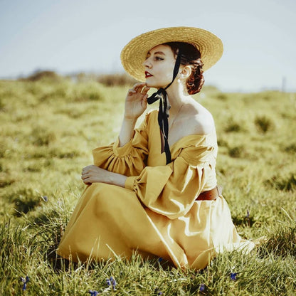 Handmade vintage style mustard linen dress with V neckline, twirl skirt and puff sleeves.