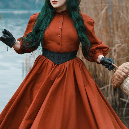 Handmade Retro style victorian colonial Jo March Little women dress. Edwardian victorian rust linen dress with puff sleeves, wood buttons and full circle skirt.