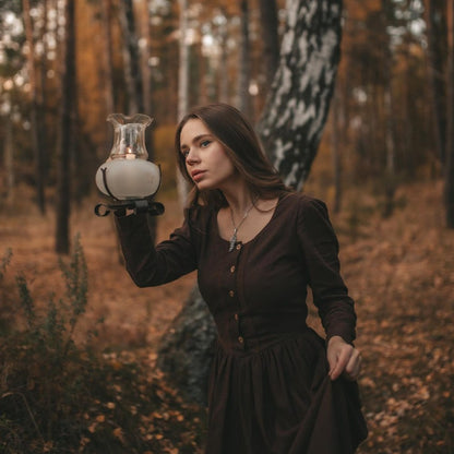 Forest witch corset style linen dress. Handmade brown linen dress with V waist, lace and wood buttons.