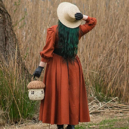 Handmade Retro style victorian colonial Jo March Little women dress. Edwardian victorian rust linen dress with puff sleeves, wood buttons and full circle skirt.