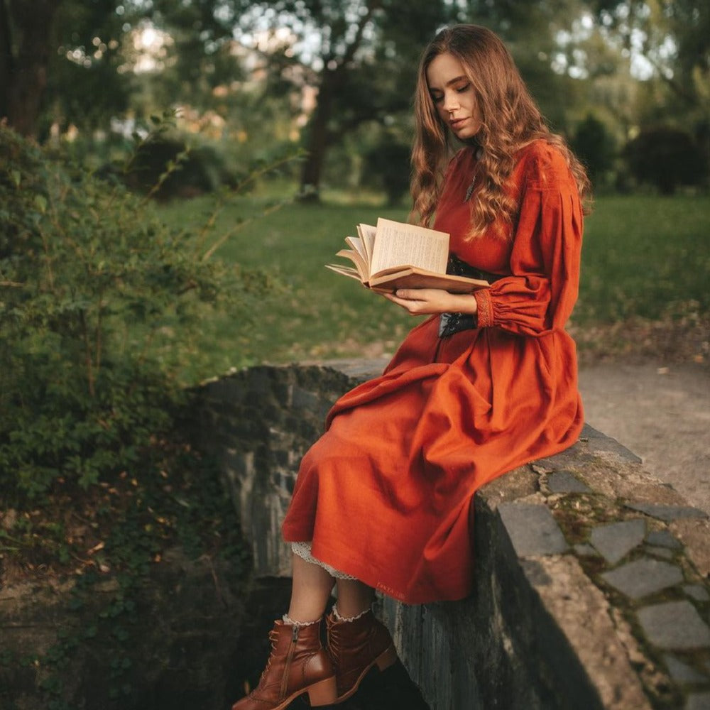 Terracotta rust linen Little women dress with puff sleeves. Handmade red Retro style linen dress with pleated skirt.