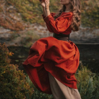 Terracotta rust linen Little women dress with puff sleeves. Handmade red Retro style linen dress with pleated skirt.