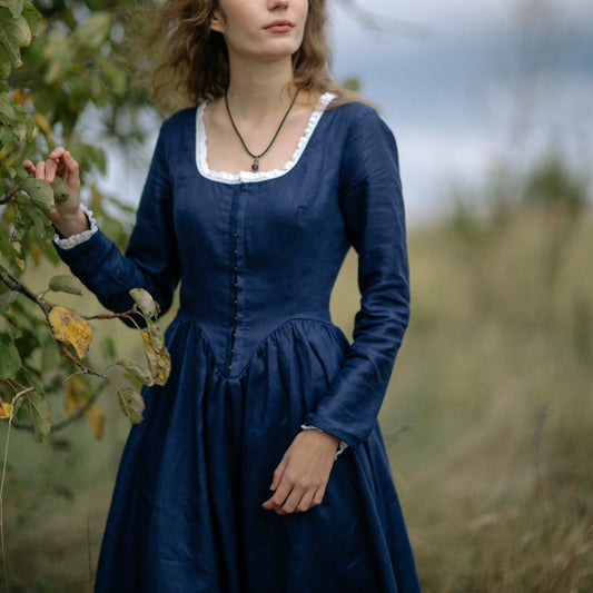 Handmade corset style booktok linen retro style dress Demelza Poldark with linen lace and hooks in front.