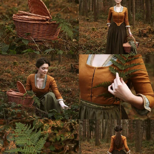 Claire Fraser Outlander Corset mustard bodice with hooks, linen brown skirt, soft mint blouse with lace and green apron with leaves cord. Handmade natural sustainability linen clothes.