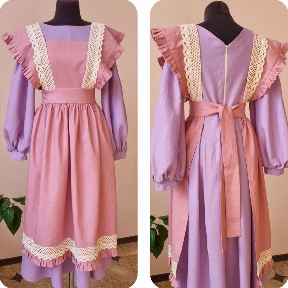 Lavender Little women Amy March lavender dress and pink apron with lace. Handmade linen puff sleeves dress and apron