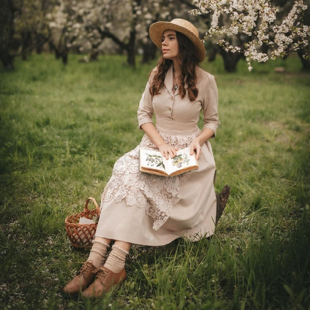 Anne Shirley beige sustainable personalized linen dress and lace apron