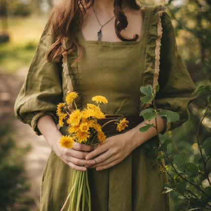 Olive goblincore style linen dress. Handmade cottagecore dress with lace.