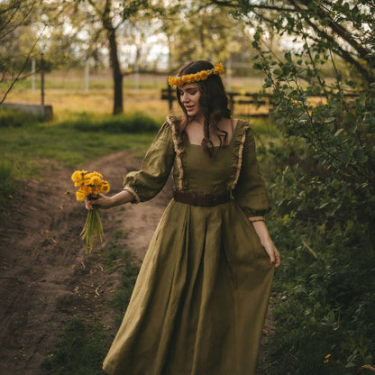 Olive goblincore style linen dress. Handmade cottagecore dress with lace.