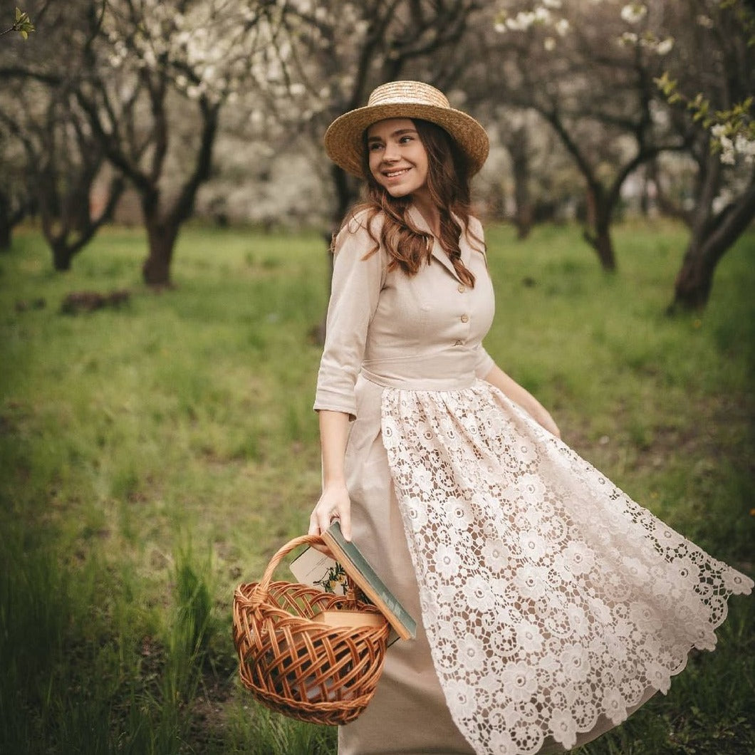 Handmade Anne of green Gables style beige lace apron 