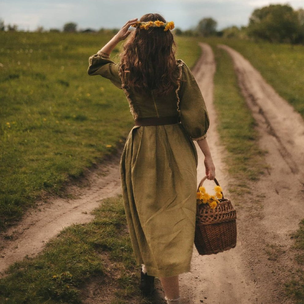 Olive goblincore style linen dress. Handmade cottagecore dress with lace.