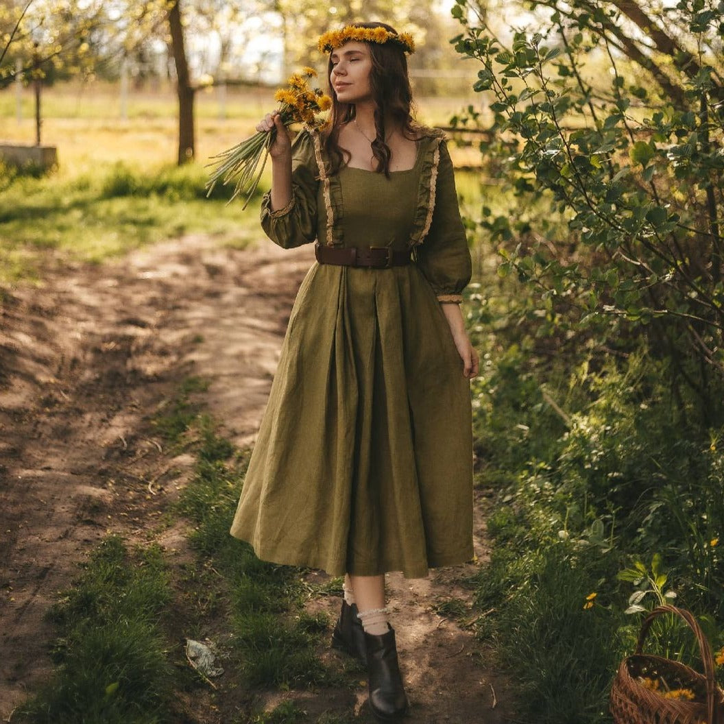 Olive goblincore style linen dress. Handmade cottagecore dress with lace.