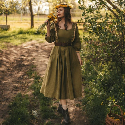 Olive goblincore style linen dress. Handmade cottagecore dress with lace.