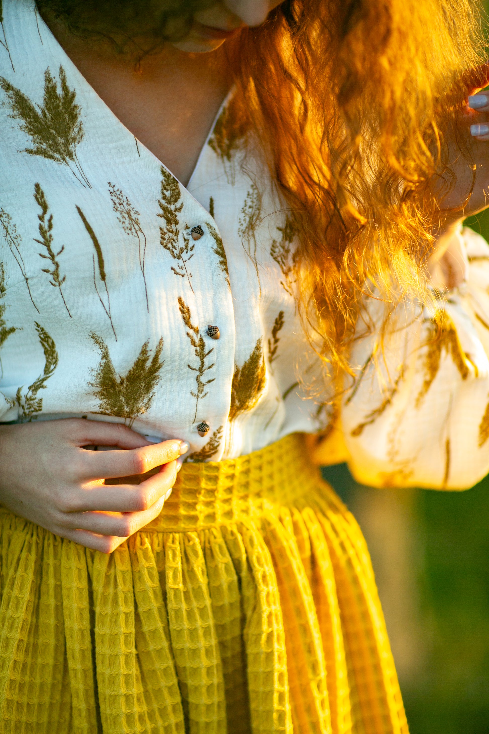 Demeter cottagecore muslin Reed grass blouse with acorn buttons. Handmade Greek Goddess Demeter natural sustainability blouse with puff sleeves.