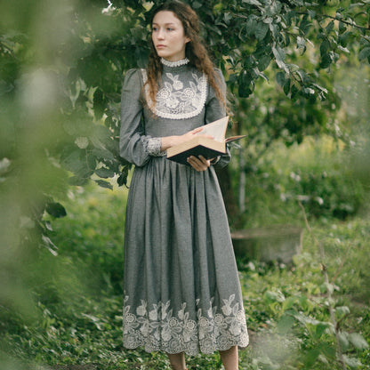 Edwardian grey booktok librarian linen dress with lace. Handmade gibson girl victorian suffragette day dress.