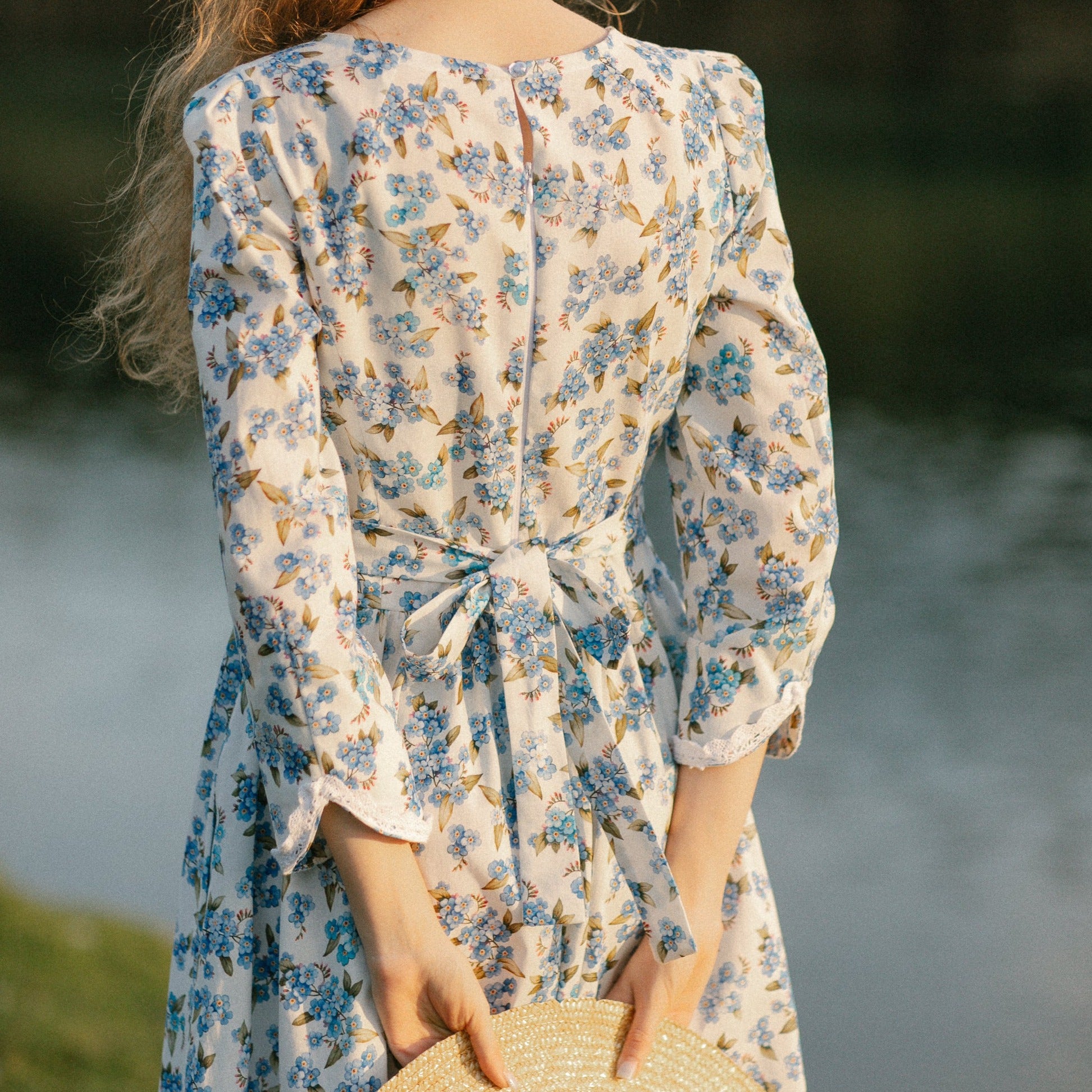 Forget-me-not cotton dress with lace. Handmade cottagecore cotton corset style dress with lace and V princess waist.