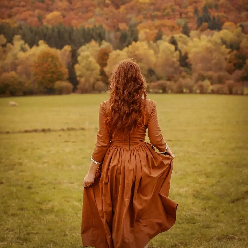 Demelza Poldark corset rust princess V waist linen dress with lace. Handmade retro style princesscore dress.