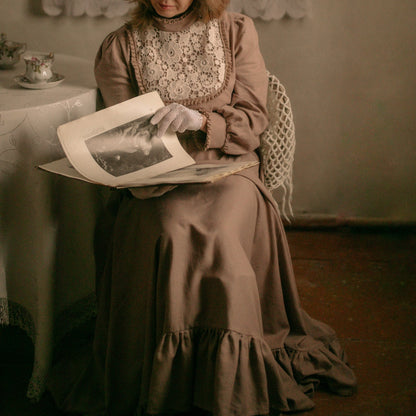 Edwardian Gibson girl suffragette walking tea cocoa linen dress. Handmade victorian wedding day dress with lace.