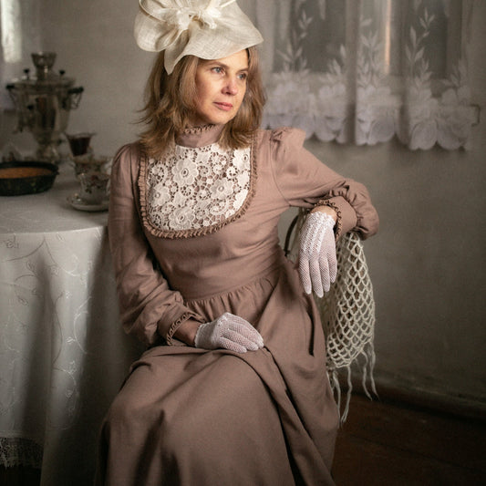 Edwardian Gibson girl suffragette walking tea cocoa linen dress. Handmade victorian wedding day dress with lace.