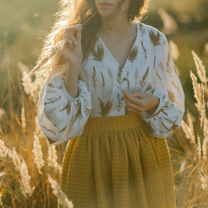 Demeter cottagecore muslin Reed grass blouse with acorn buttons. Handmade Greek Goddess Demeter natural sustainability blouse with puff sleeves.