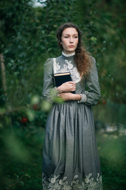 Edwardian grey booktok librarian linen dress with lace. Handmade gibson girl victorian suffragette day dress.