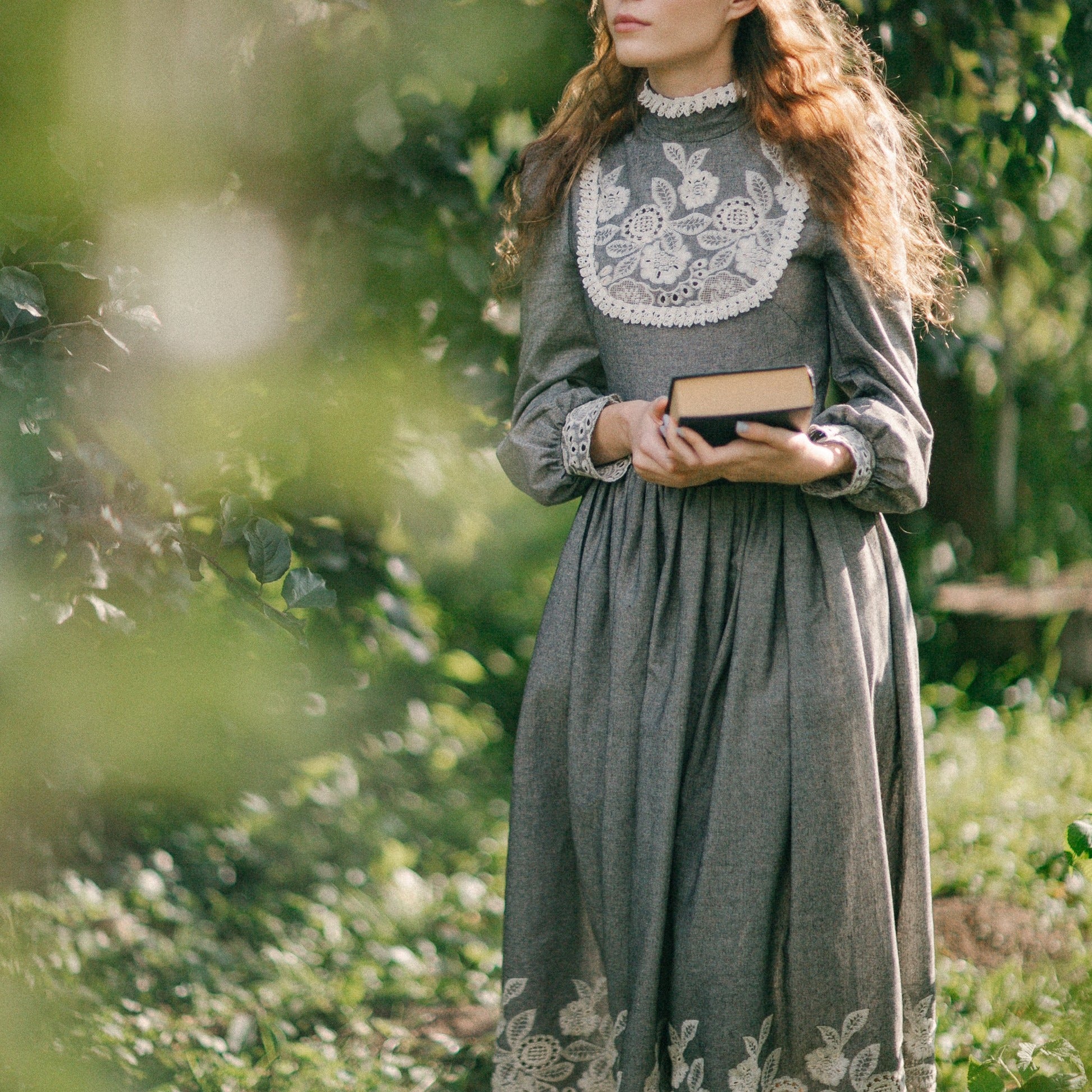 grey/silver edwardian dress Edwardian Calico Cotton Wrapper Dress: 1900s Black Floral, Puffed Sleeves, Medium