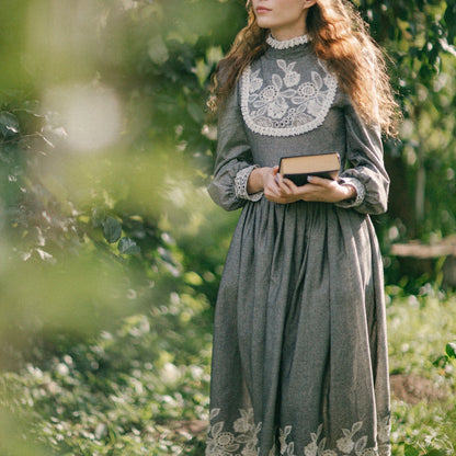 Edwardian grey booktok librarian linen dress with lace. Handmade gibson girl victorian suffragette day dress.