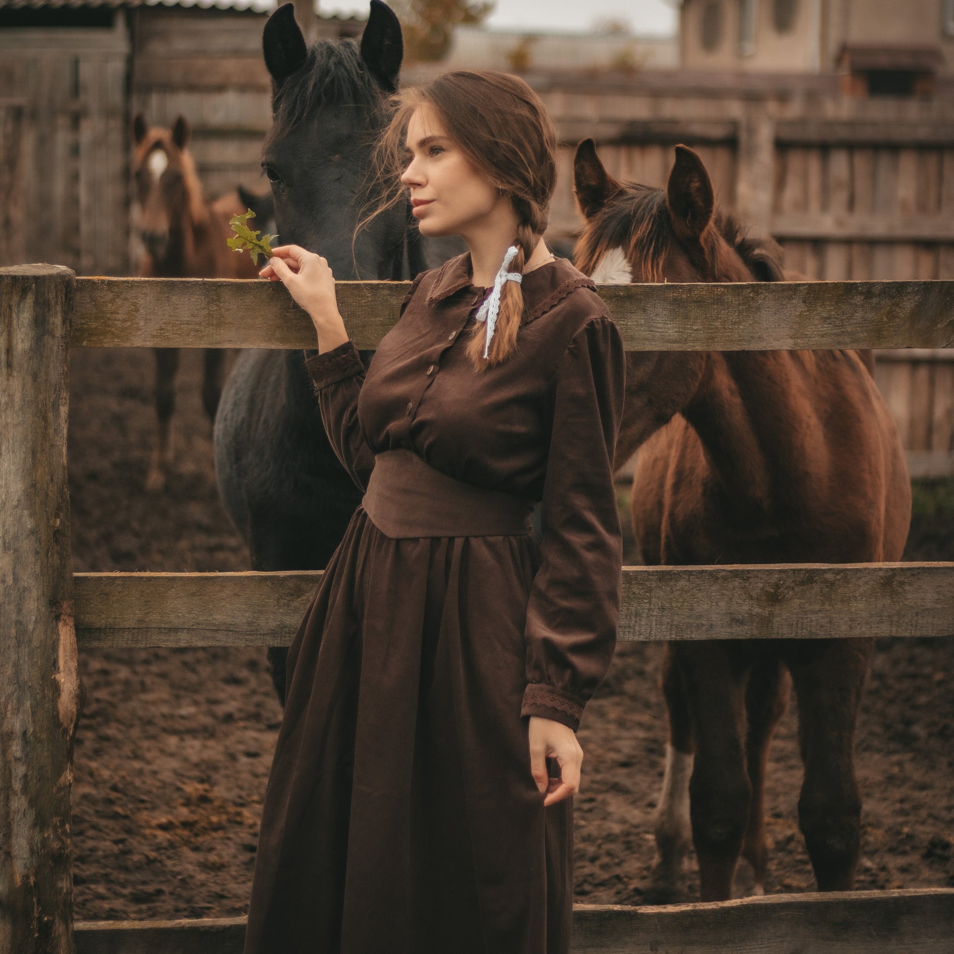 Brown forestcore corduroy retro style princess dress with edwardian belt 