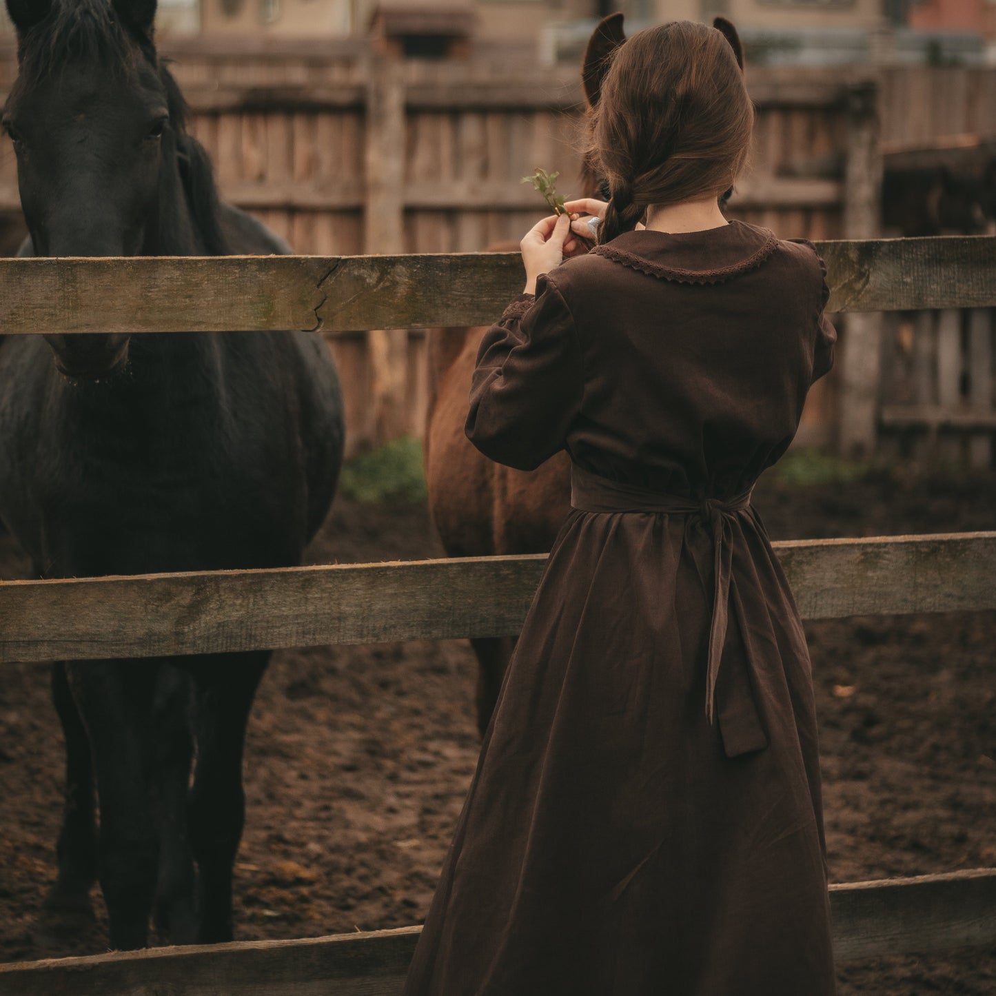 Brown forestcore corduroy retro style princess dress with edwardian belt 