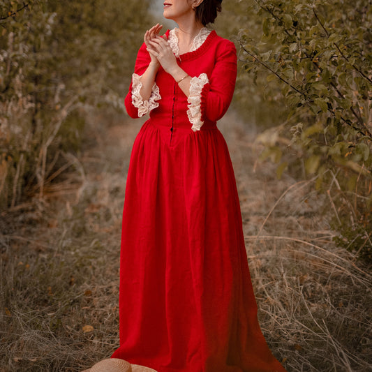 Claire Fraser Outlander corset red linen princesscore dress with lace. Handmade for opera and theater Sussenach dress with hooks in front and amazing lace.